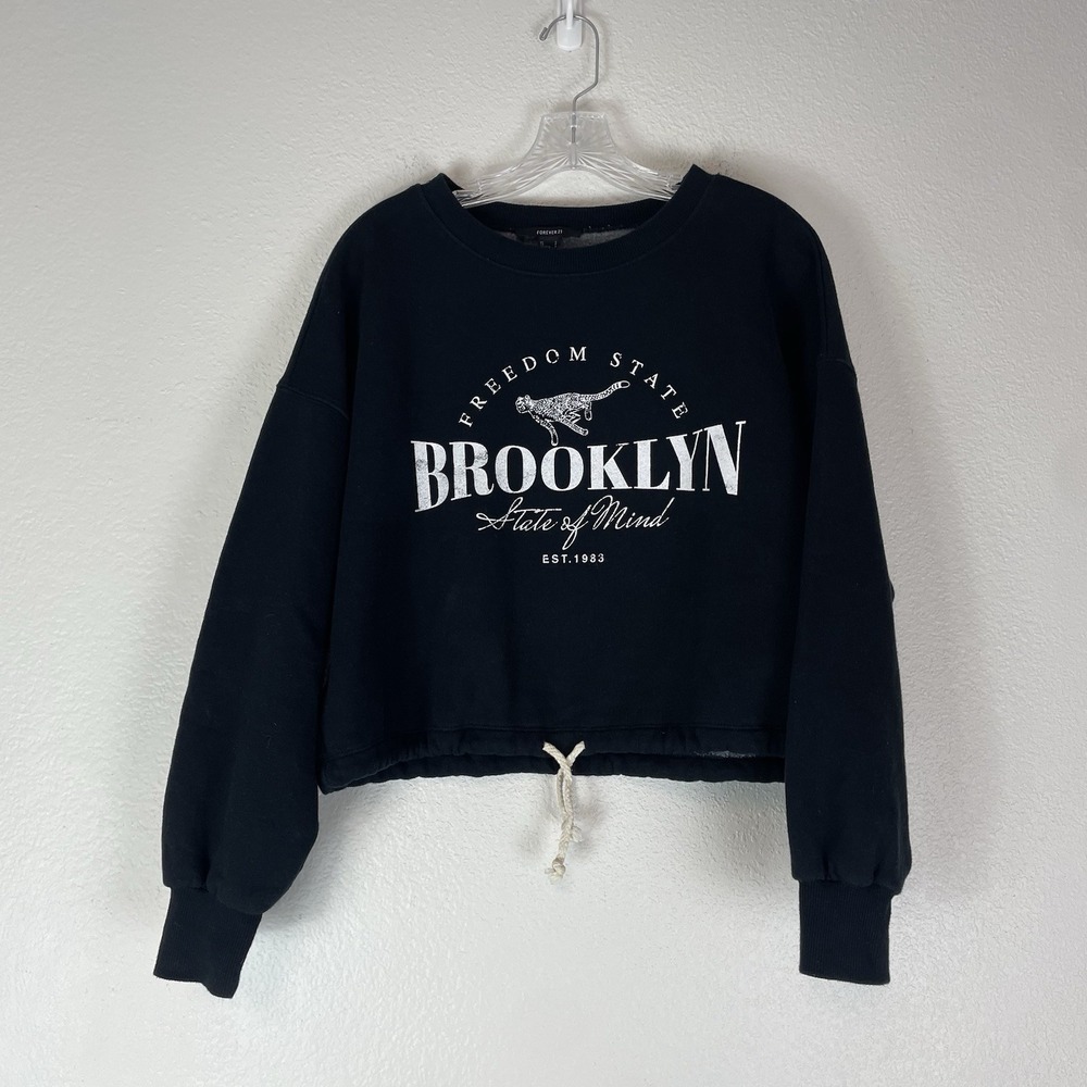Forever 21 Sweatshirt Womens Small Cropped Drawstring Brooklynโ State of Mind S